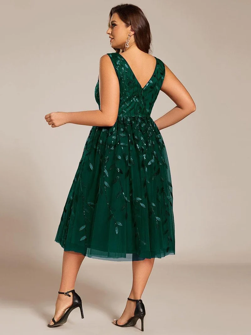 ever ROUX|Robe d'invité de mariage mi-longue trapèze à col en V et paillettes avec sans manches(Vente finale)
