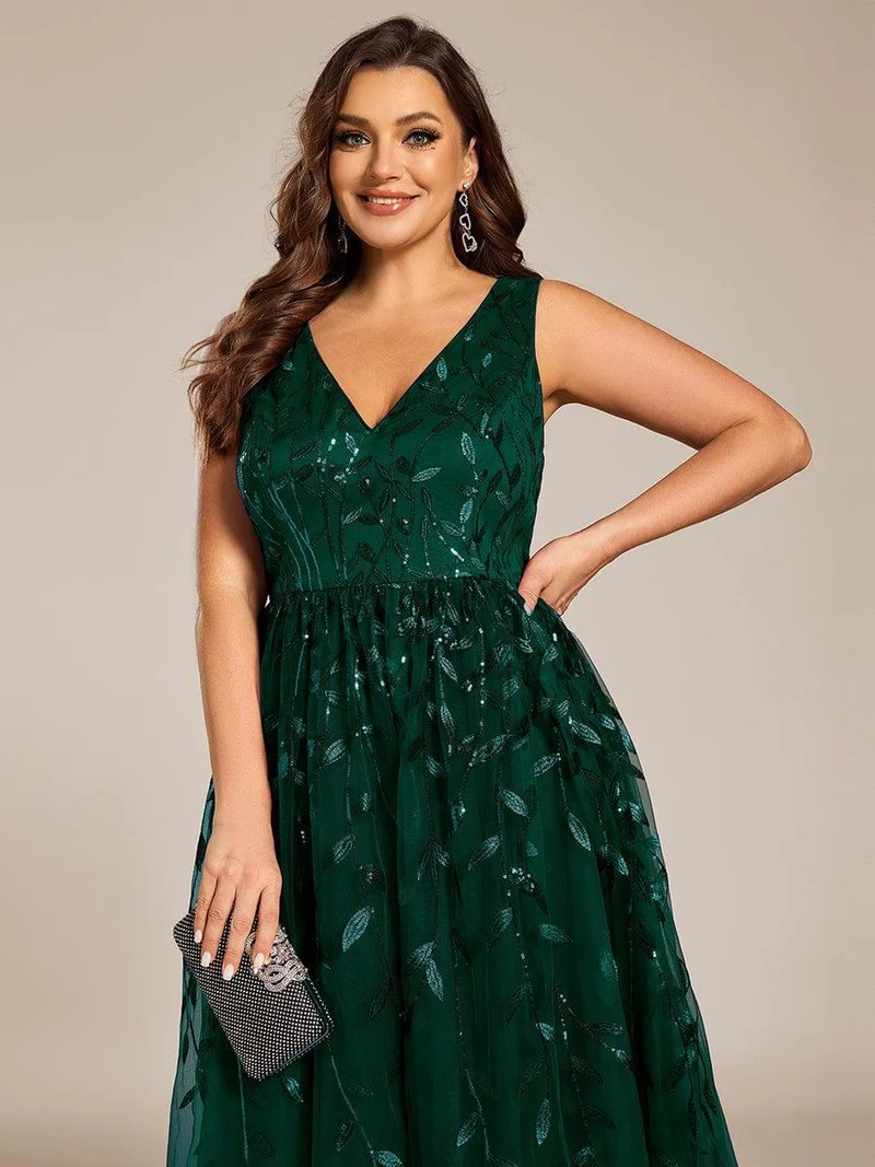 ever ROUX|Robe d'invité de mariage mi-longue trapèze à col en V et paillettes avec sans manches(Vente finale)