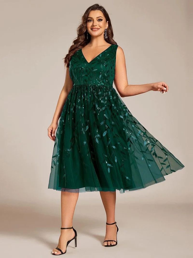 ever ROUX|Robe d'invité de mariage mi-longue trapèze à col en V et paillettes avec sans manches(Vente finale)