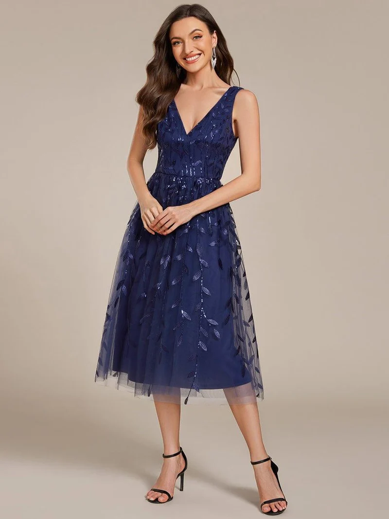 ever ROUX|Robe d'invité de mariage mi-longue trapèze à col en V et paillettes avec sans manches(Vente finale)