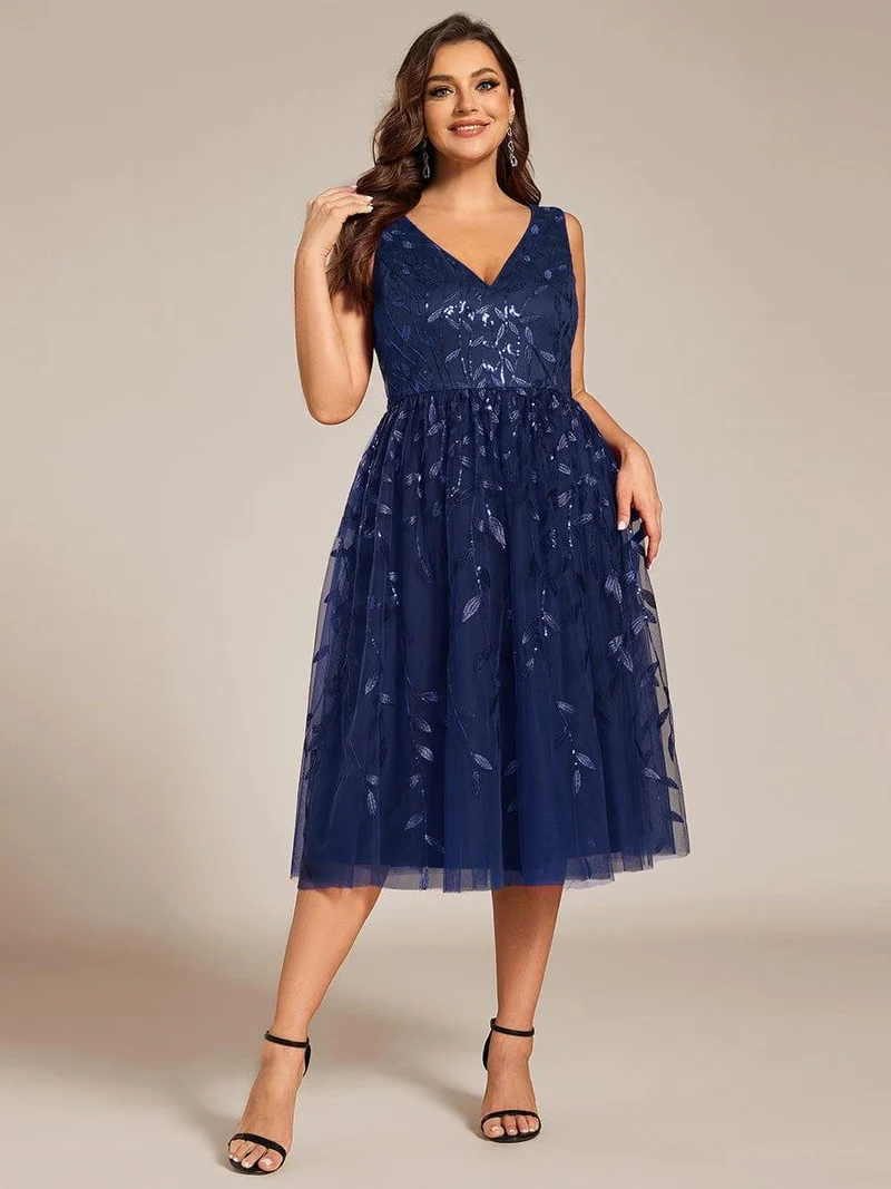 ever ROUX|Robe d'invité de mariage mi-longue trapèze à col en V et paillettes avec sans manches(Vente finale)