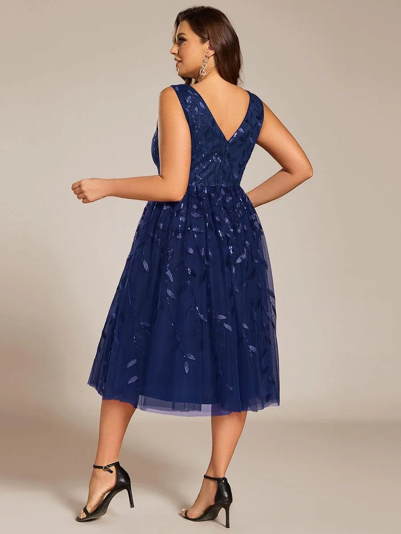 ever ROUX|Robe d'invité de mariage mi-longue trapèze à col en V et paillettes avec sans manches(Vente finale)