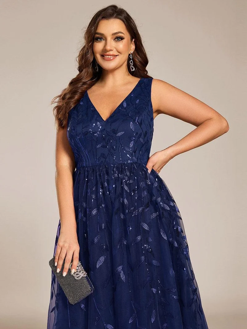 ever ROUX|Robe d'invité de mariage mi-longue trapèze à col en V et paillettes avec sans manches(Vente finale)