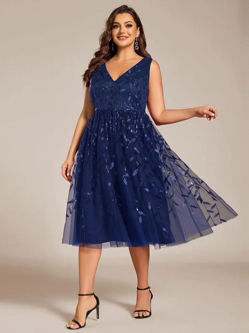 ever ROUX|Robe d'invité de mariage mi-longue trapèze à col en V et paillettes avec sans manches(Vente finale)