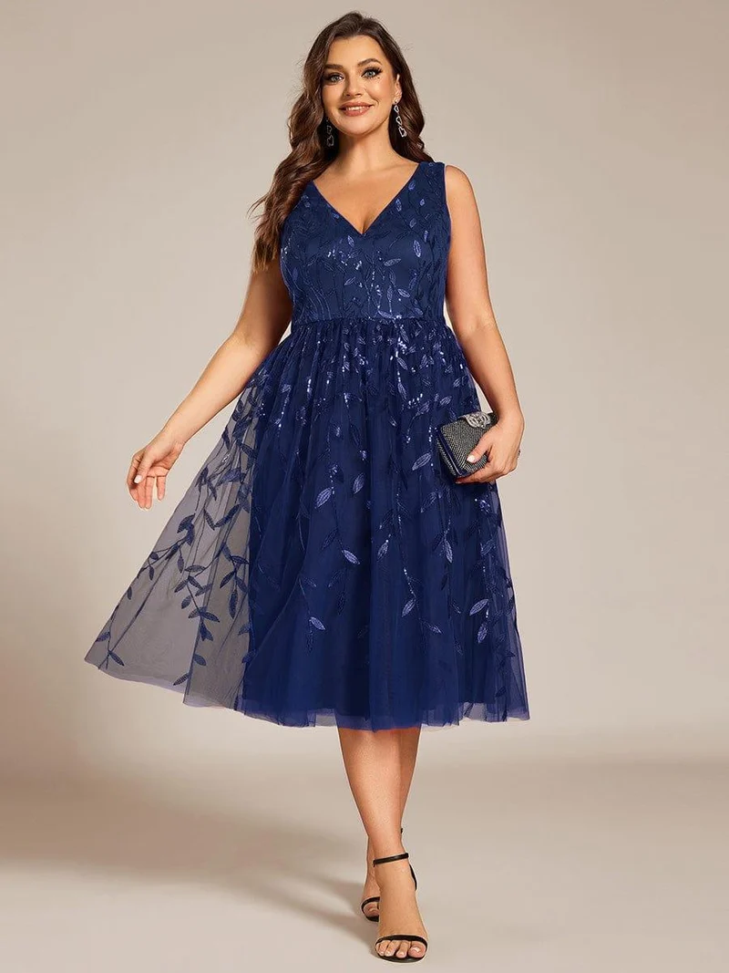 ever ROUX|Robe d'invité de mariage mi-longue trapèze à col en V et paillettes avec sans manches(Vente finale)