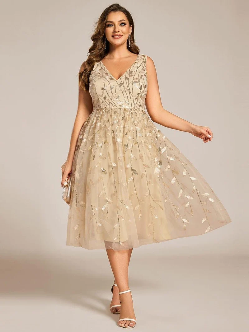 ever ROUX|Robe d'invité de mariage mi-longue trapèze à col en V et paillettes avec sans manches(Vente finale)