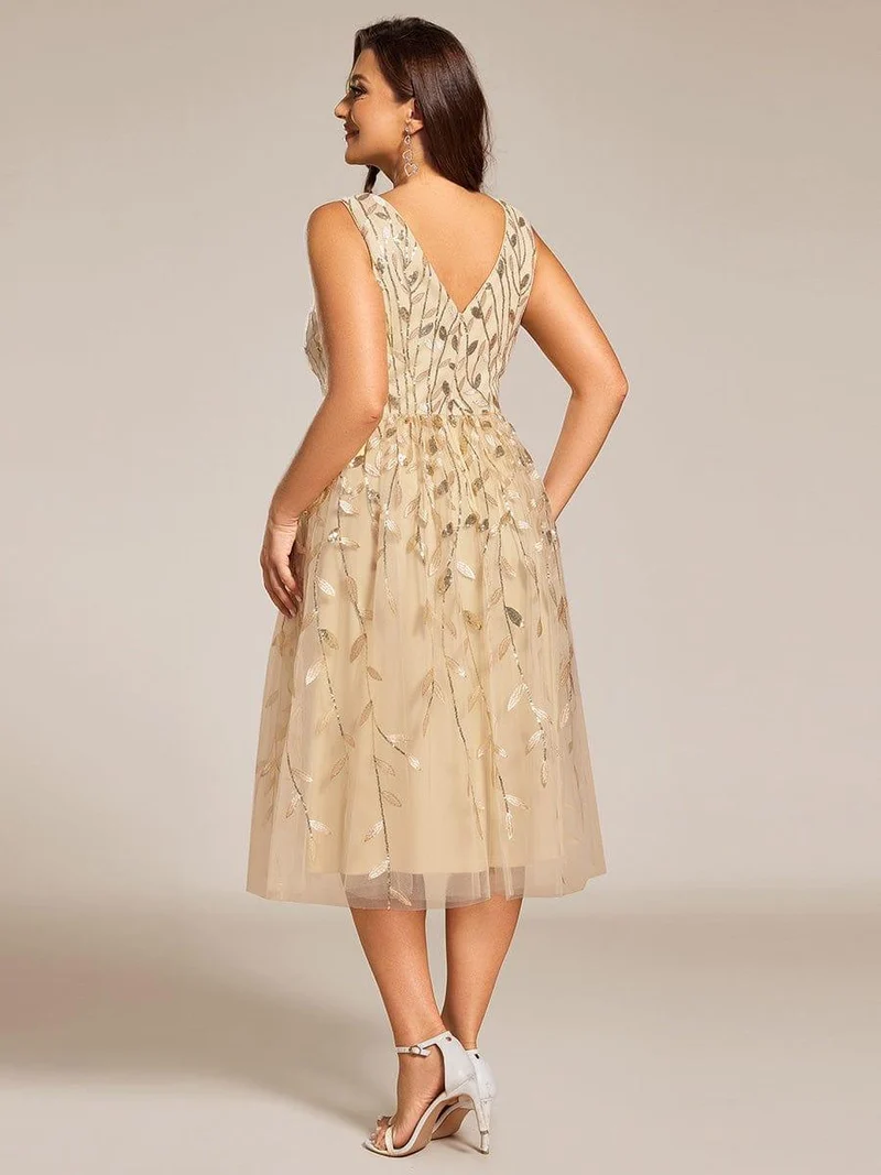 ever ROUX|Robe d'invité de mariage mi-longue trapèze à col en V et paillettes avec sans manches(Vente finale)