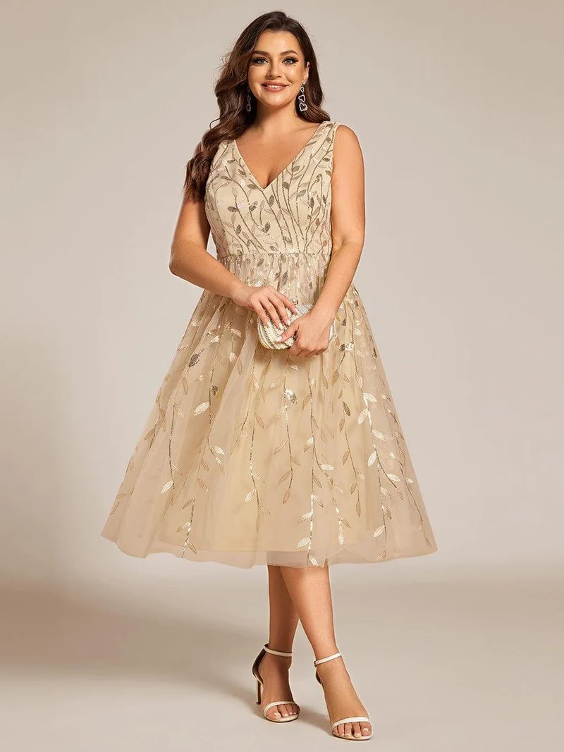 ever ROUX|Robe d'invité de mariage mi-longue trapèze à col en V et paillettes avec sans manches(Vente finale)