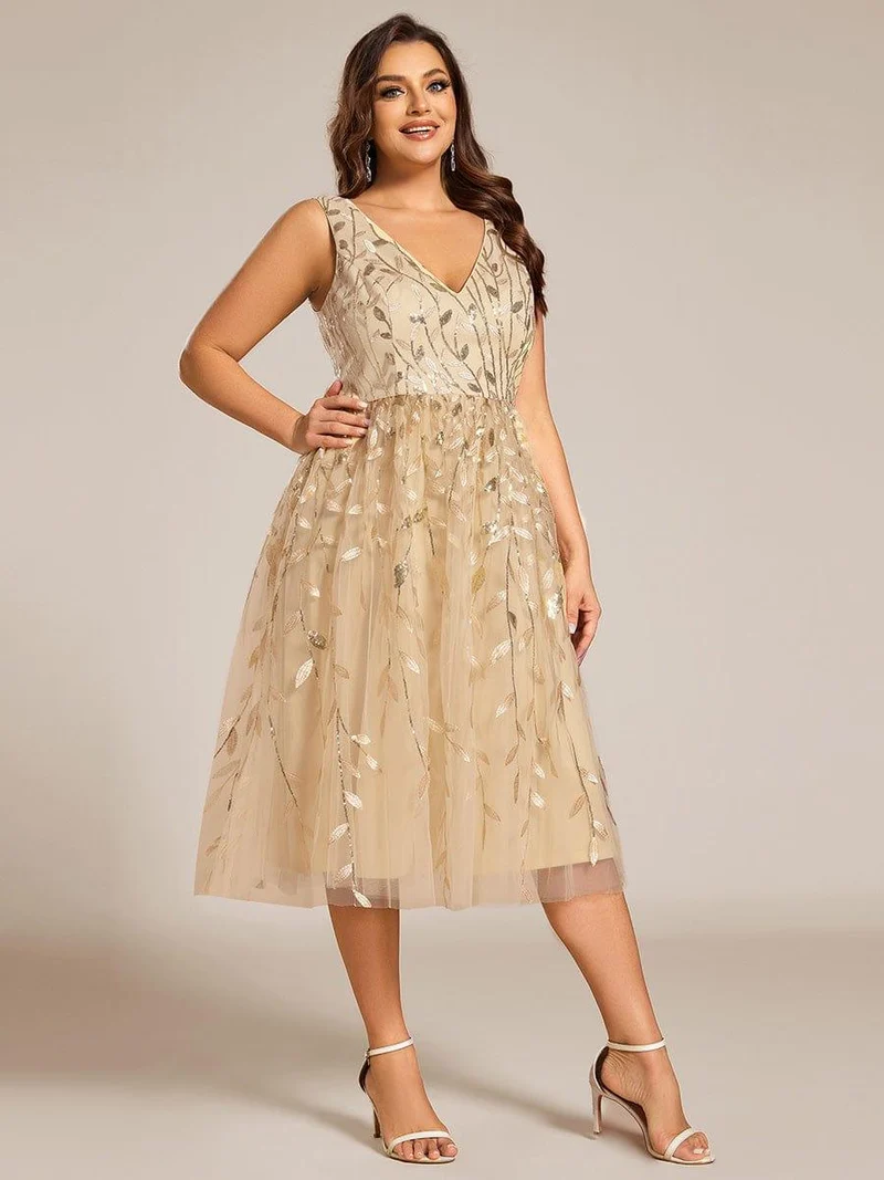 ever ROUX|Robe d'invité de mariage mi-longue trapèze à col en V et paillettes avec sans manches(Vente finale)