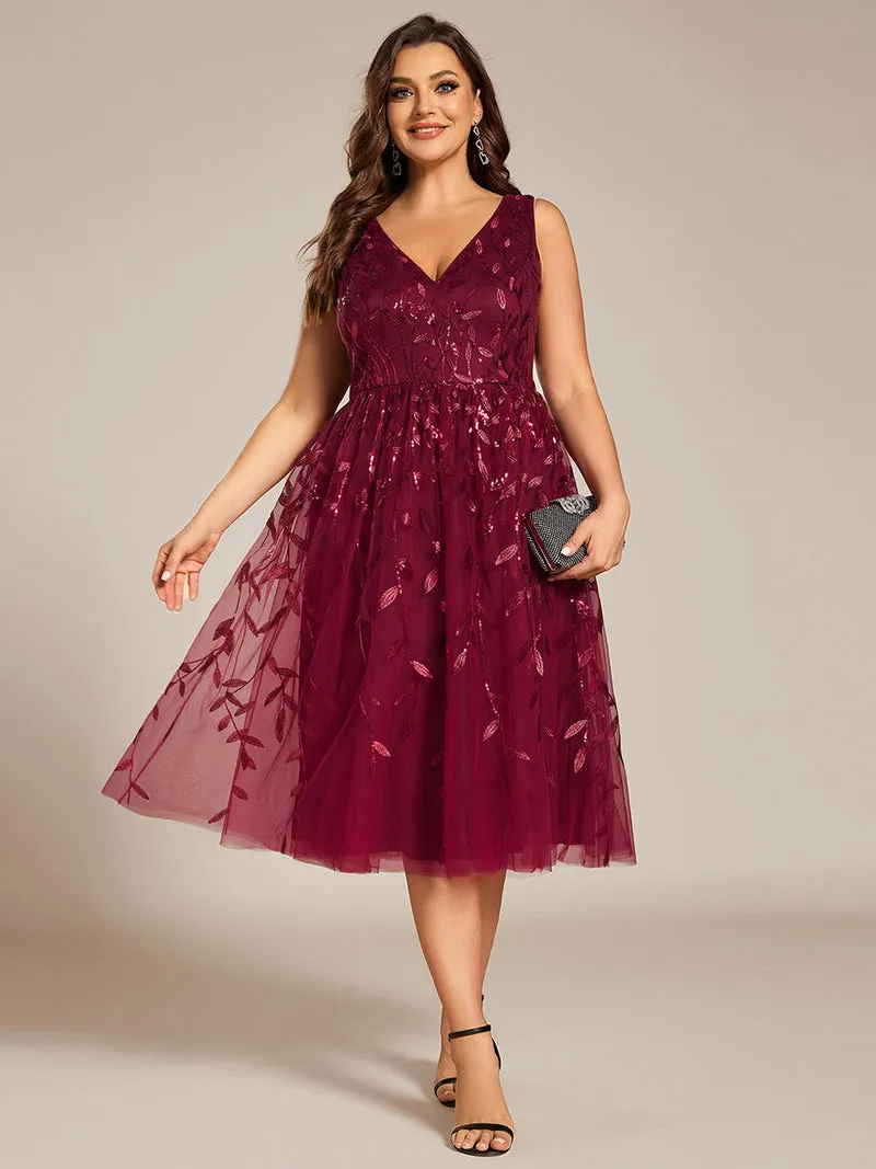 ever ROUX|Robe d'invité de mariage mi-longue trapèze à col en V et paillettes avec sans manches(Vente finale)