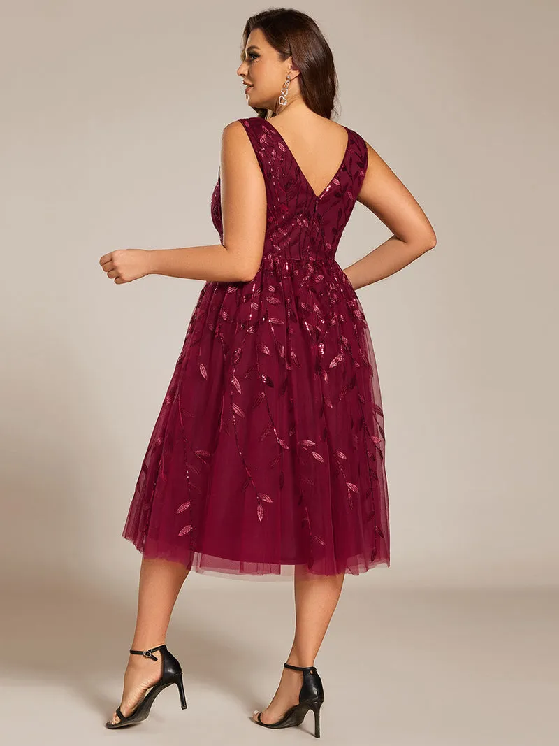 ever ROUX|Robe d'invité de mariage mi-longue trapèze à col en V et paillettes avec sans manches(Vente finale)