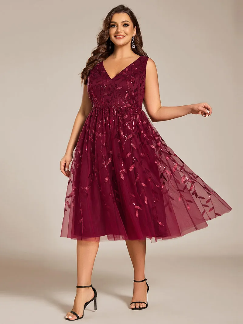 ever ROUX|Robe d'invité de mariage mi-longue trapèze à col en V et paillettes avec sans manches(Vente finale)