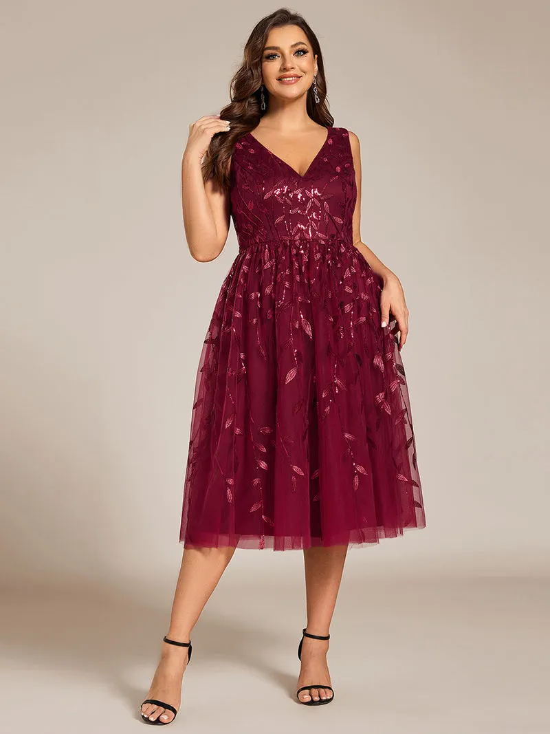ever ROUX|Robe d'invité de mariage mi-longue trapèze à col en V et paillettes avec sans manches(Vente finale)
