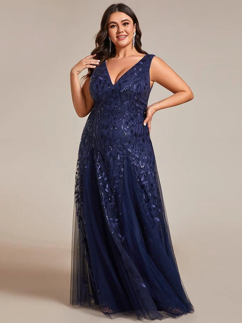 pretty ZOEY|Robes de soirée trapèze pailletées sans manches à col en V de grande taille