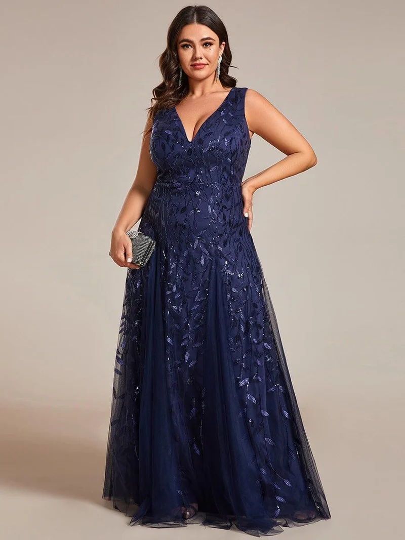 pretty ZOEY|Robes de soirée trapèze pailletées sans manches à col en V de grande taille