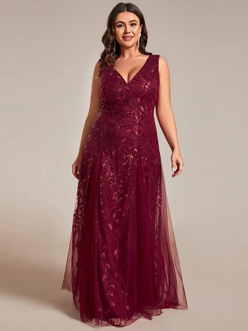 pretty ZOEY|Robes de soirée trapèze pailletées sans manches à col en V de grande taille