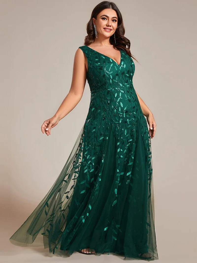 pretty ZOEY|Robes de soirée trapèze pailletées sans manches à col en V de grande taille
