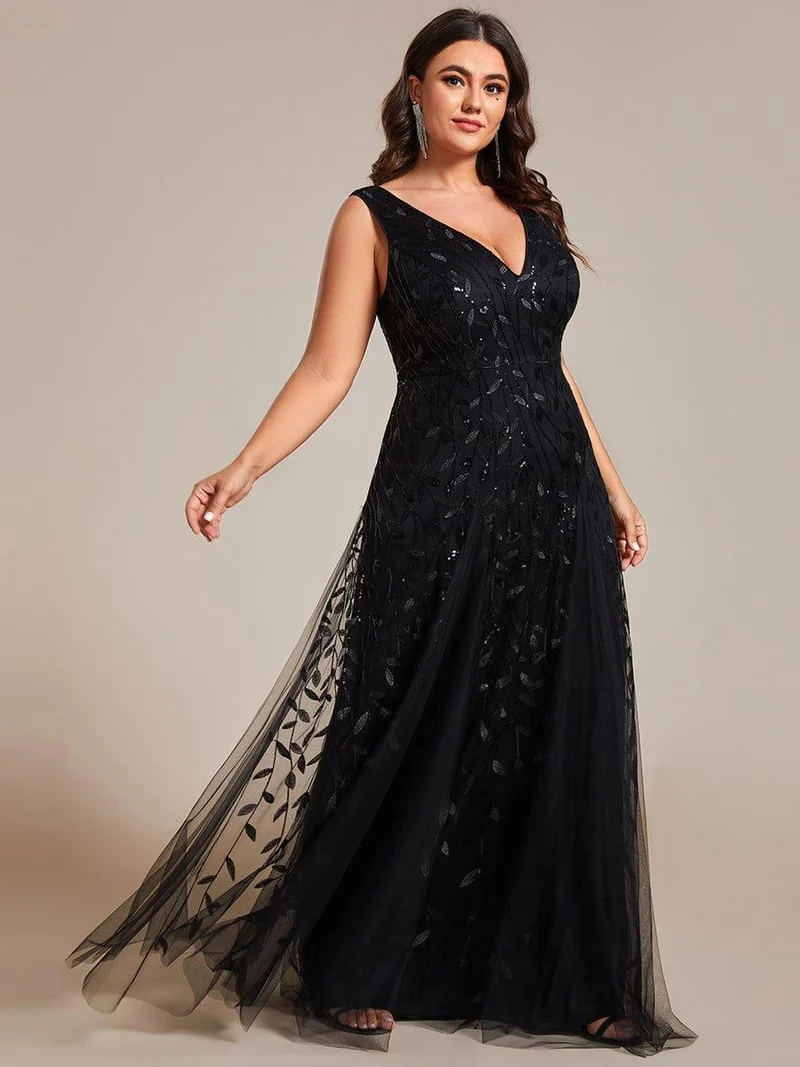 pretty ZOEY|Robes de soirée trapèze pailletées sans manches à col en V de grande taille