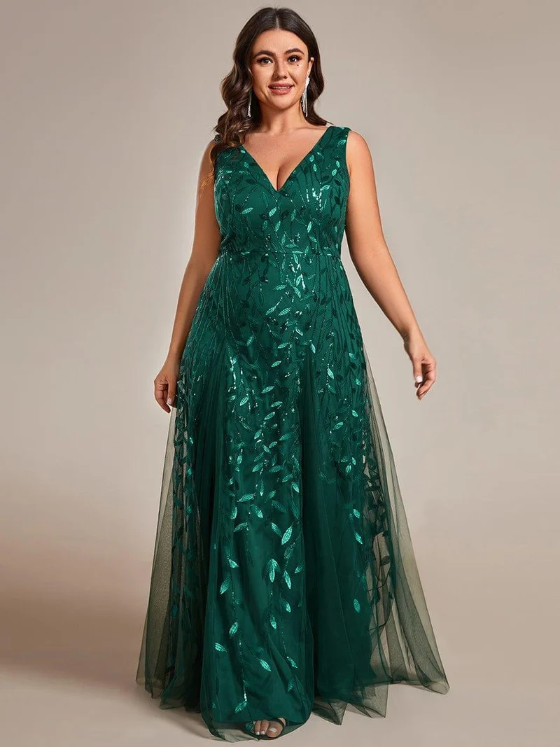 pretty ZOEY|Robes de soirée trapèze pailletées sans manches à col en V de grande taille