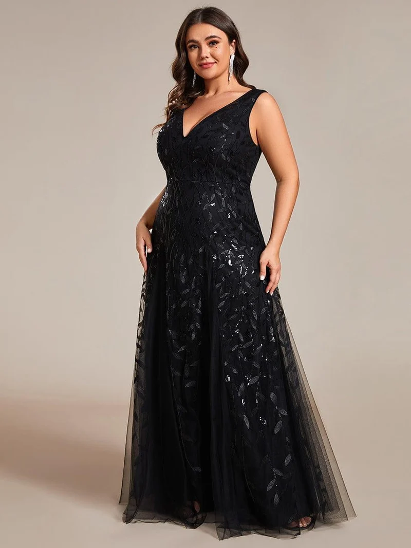 pretty ZOEY|Robes de soirée trapèze pailletées sans manches à col en V de grande taille