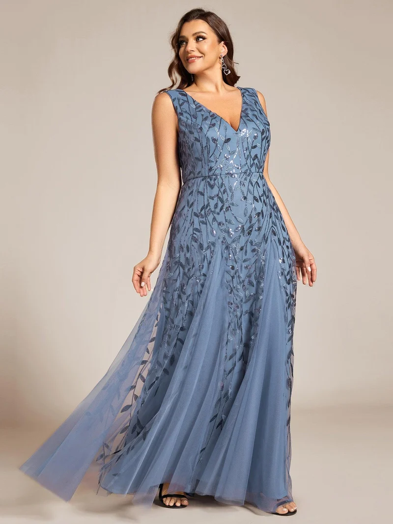 pretty ZOEY|Robes de soirée trapèze pailletées sans manches à col en V de grande taille