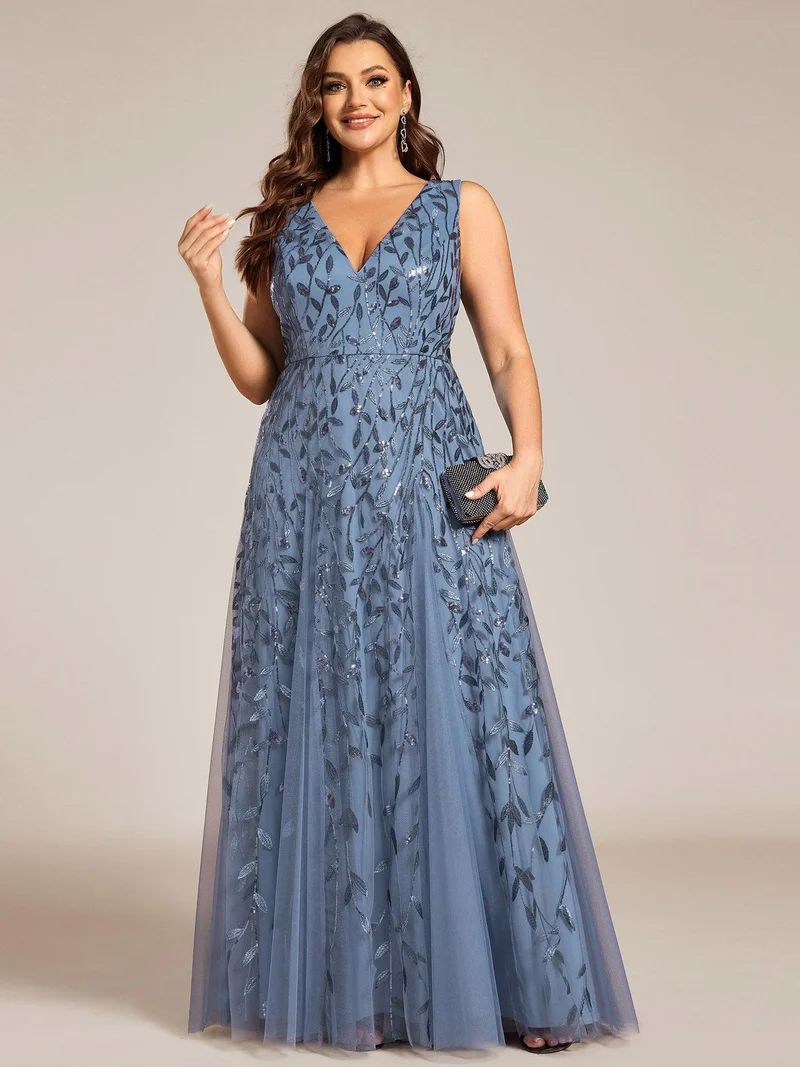 pretty ZOEY|Robes de soirée trapèze pailletées sans manches à col en V de grande taille