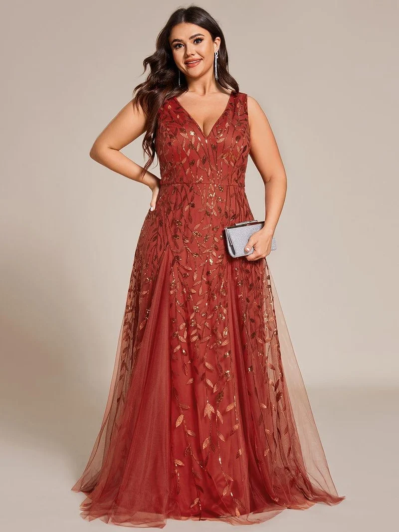 pretty ZOEY|Robes de soirée trapèze pailletées sans manches à col en V de grande taille