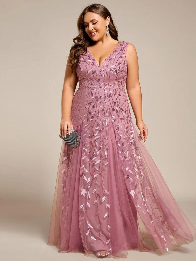 pretty ZOEY|Robes de soirée trapèze pailletées sans manches à col en V de grande taille