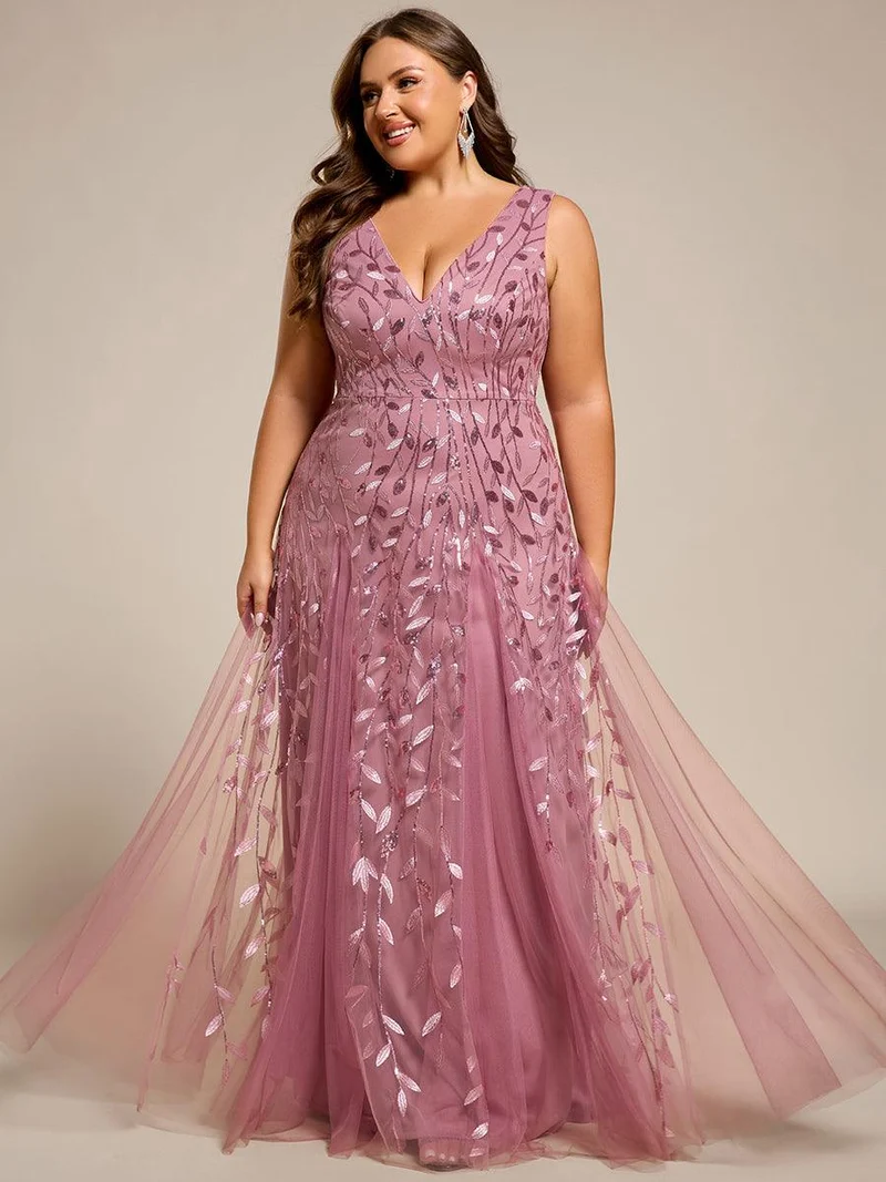 pretty ZOEY|Robes de soirée trapèze pailletées sans manches à col en V de grande taille