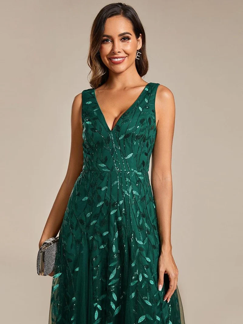 ever ZOEY|Robes de soirée trapèze pailletées sans manches à col en V
