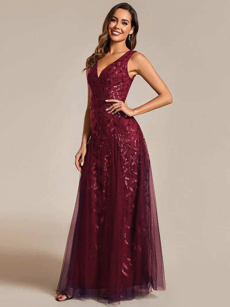 ever ZOEY|Robes de soirée trapèze pailletées sans manches à col en V