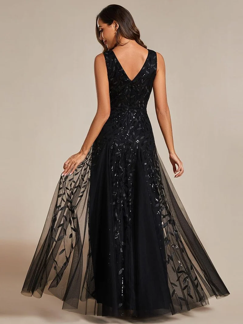 ever ZOEY|Robes de soirée trapèze pailletées sans manches à col en V