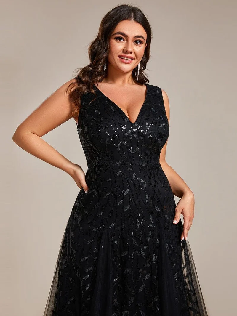 ever ZOEY|Robes de soirée trapèze pailletées sans manches à col en V