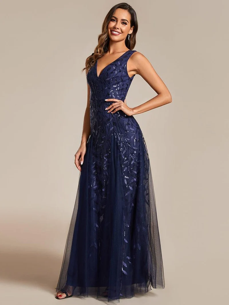 ever ZOEY|Robes de soirée trapèze pailletées sans manches à col en V