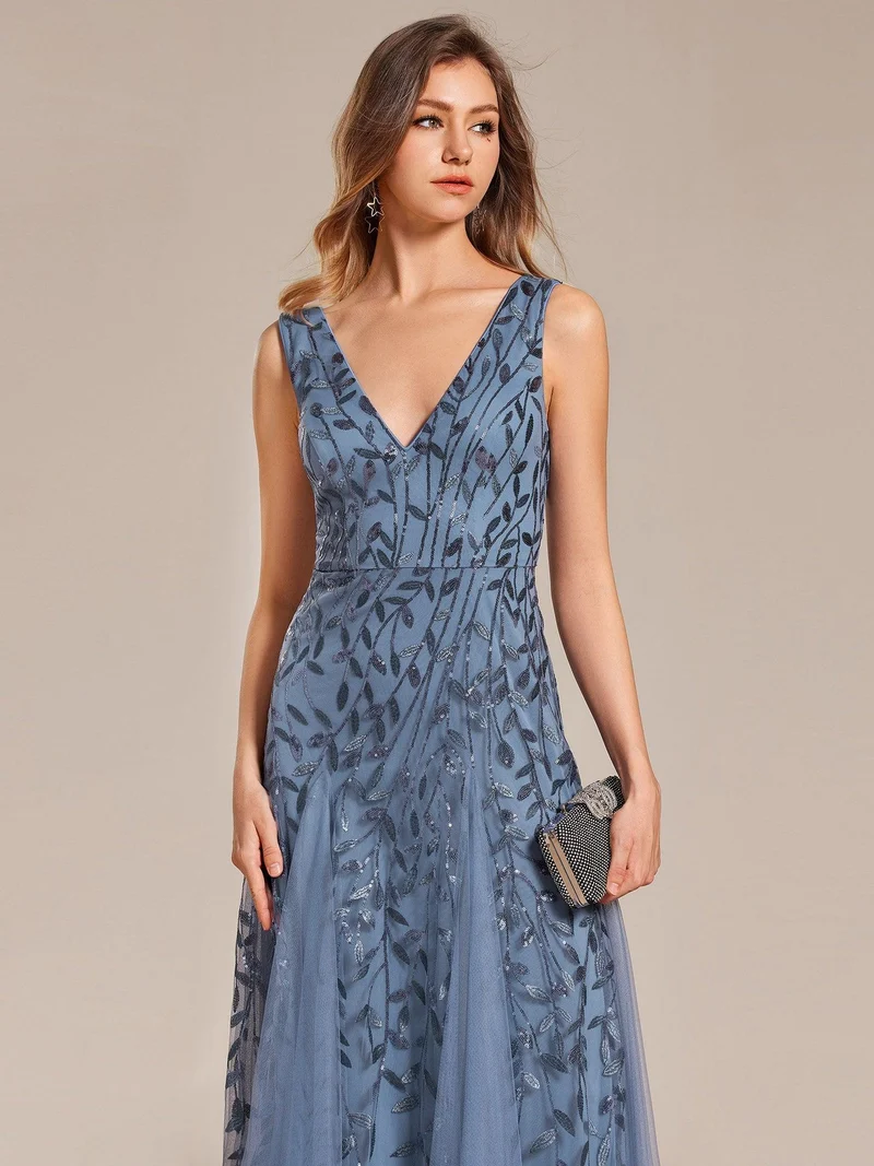 ever ZOEY|Robes de soirée trapèze pailletées sans manches à col en V