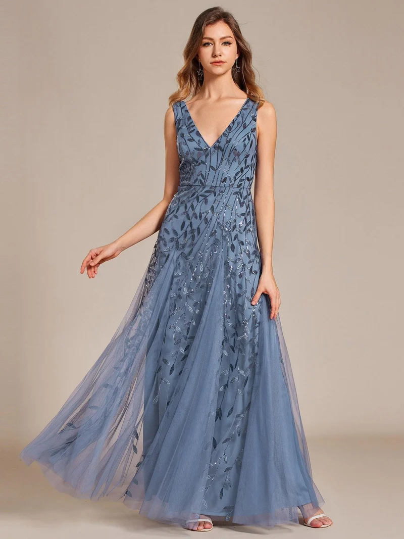 ever ZOEY|Robes de soirée trapèze pailletées sans manches à col en V