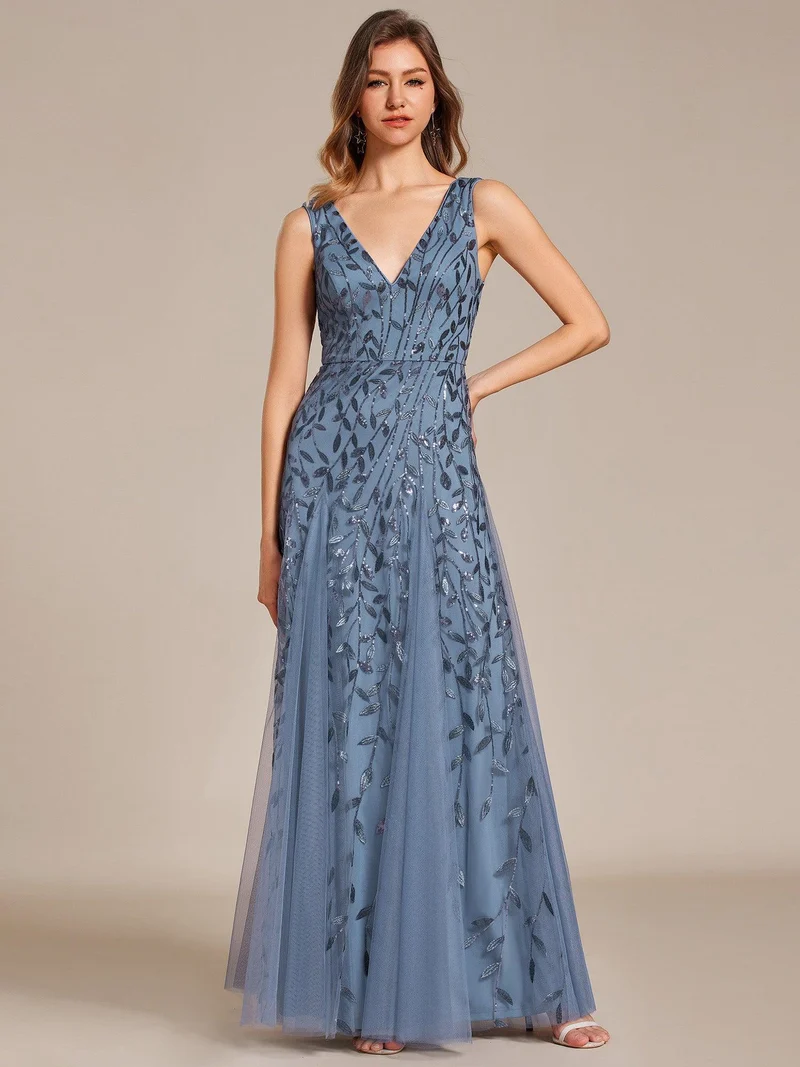 ever ZOEY|Robes de soirée trapèze pailletées sans manches à col en V