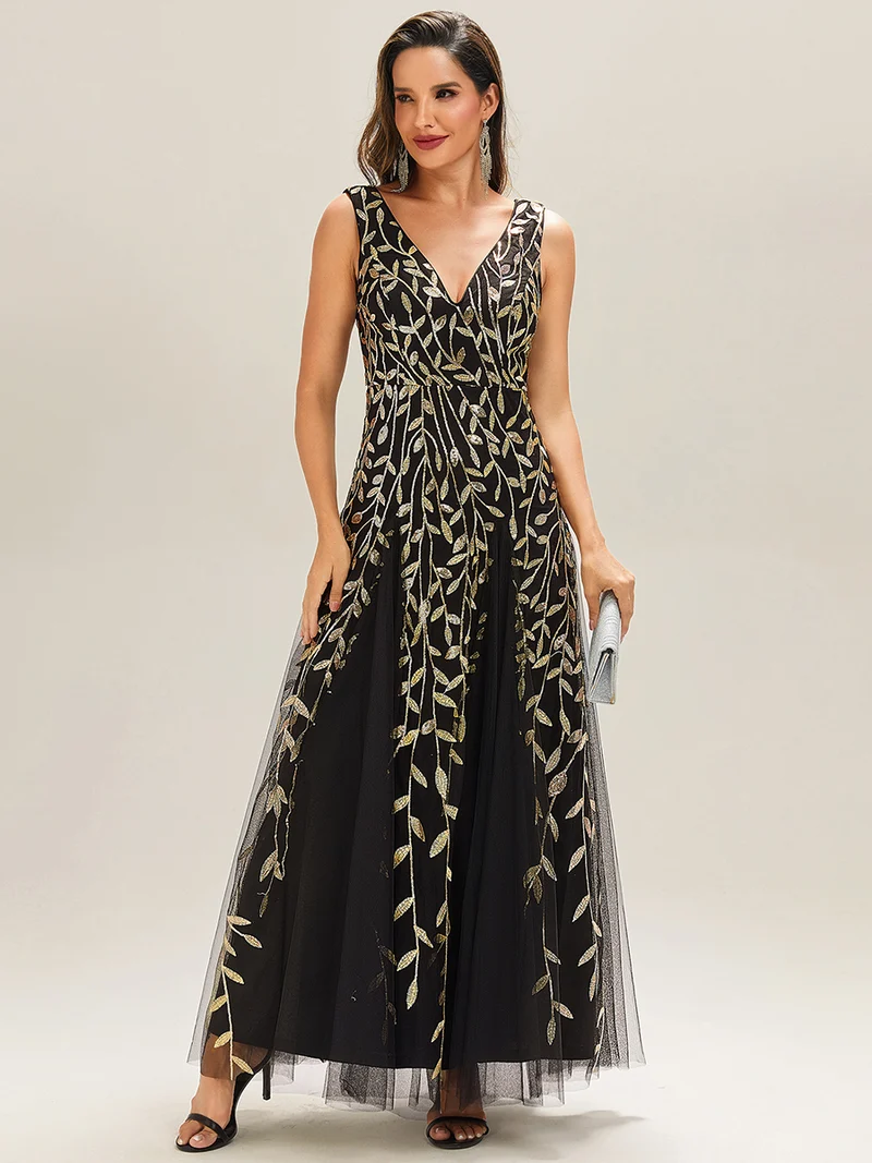 ever ZOEY|Robes de soirée trapèze pailletées sans manches à col en V