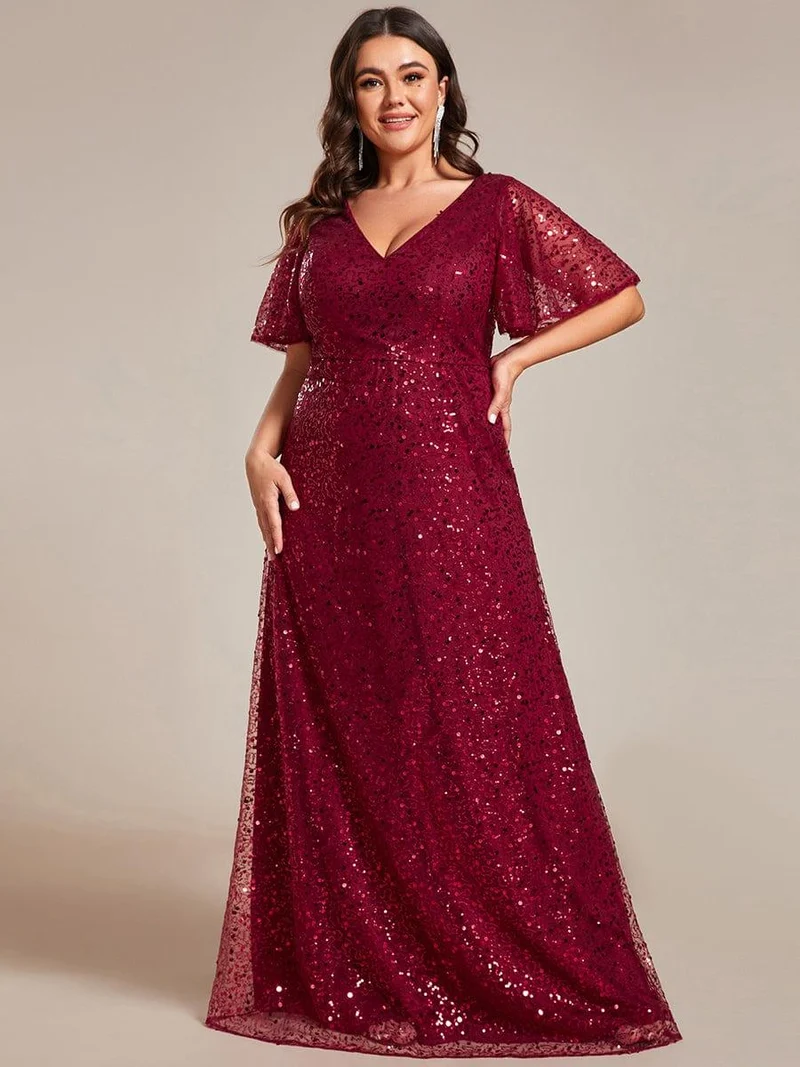 pretty ARIA|Robes de soirée trapèze pailletées à col en V de grande taille avec manches à volants