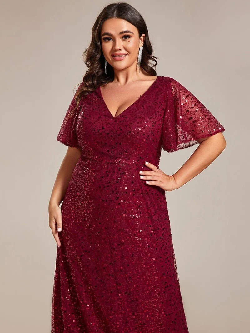 pretty ARIA|Robes de soirée trapèze pailletées à col en V de grande taille avec manches à volants