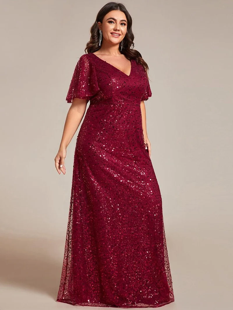 pretty ARIA|Robes de soirée trapèze pailletées à col en V de grande taille avec manches à volants