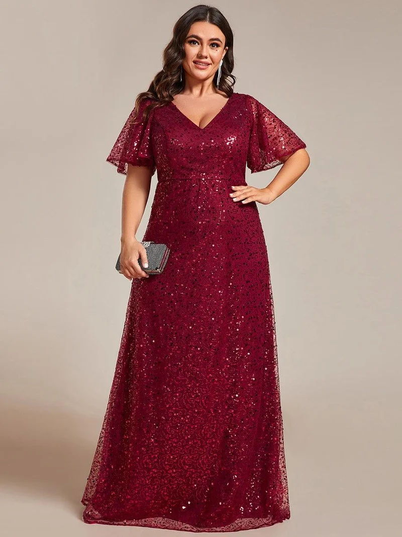 pretty ARIA|Robes de soirée trapèze pailletées à col en V de grande taille avec manches à volants