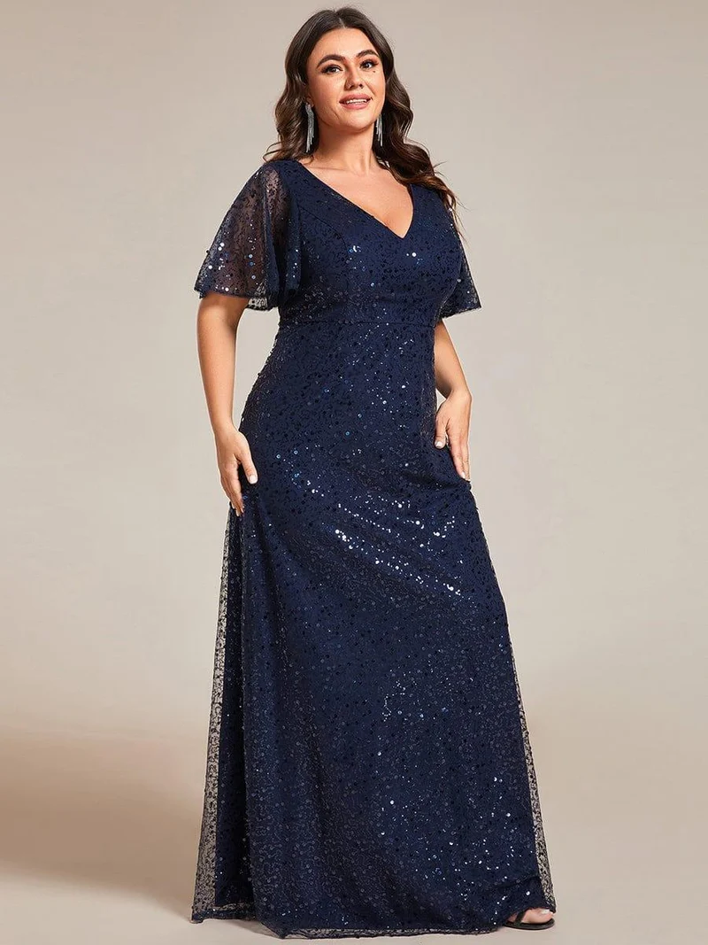 pretty ARIA|Robes de soirée trapèze pailletées à col en V de grande taille avec manches à volants
