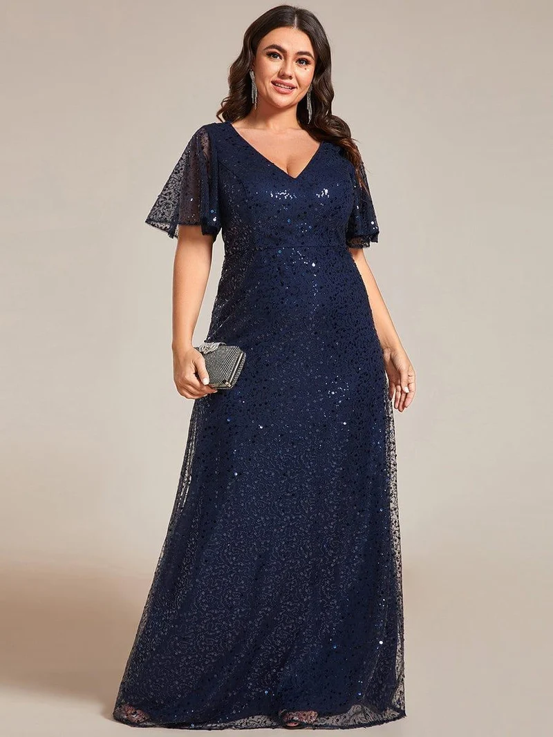 pretty ARIA|Robes de soirée trapèze pailletées à col en V de grande taille avec manches à volants