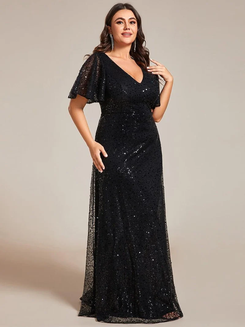 pretty ARIA|Robes de soirée trapèze pailletées à col en V de grande taille avec manches à volants