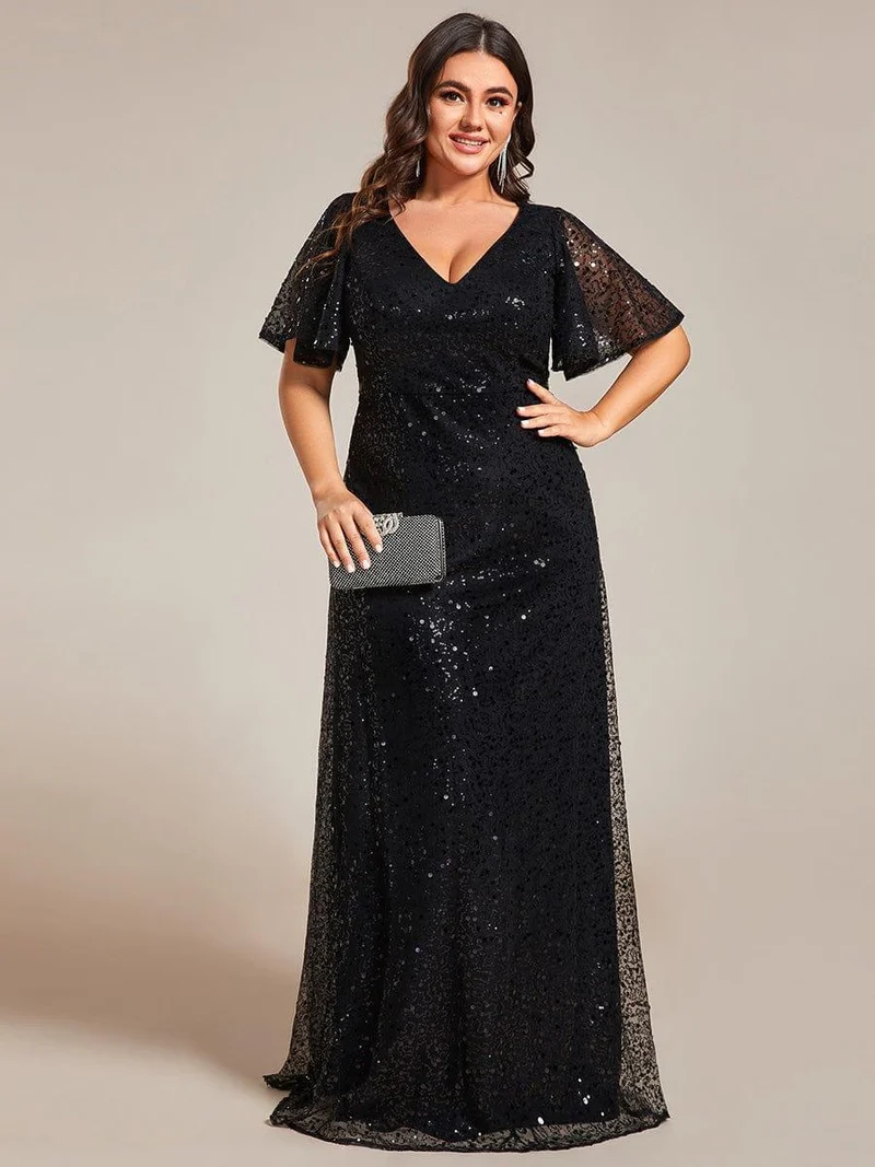 pretty ARIA|Robes de soirée trapèze pailletées à col en V de grande taille avec manches à volants