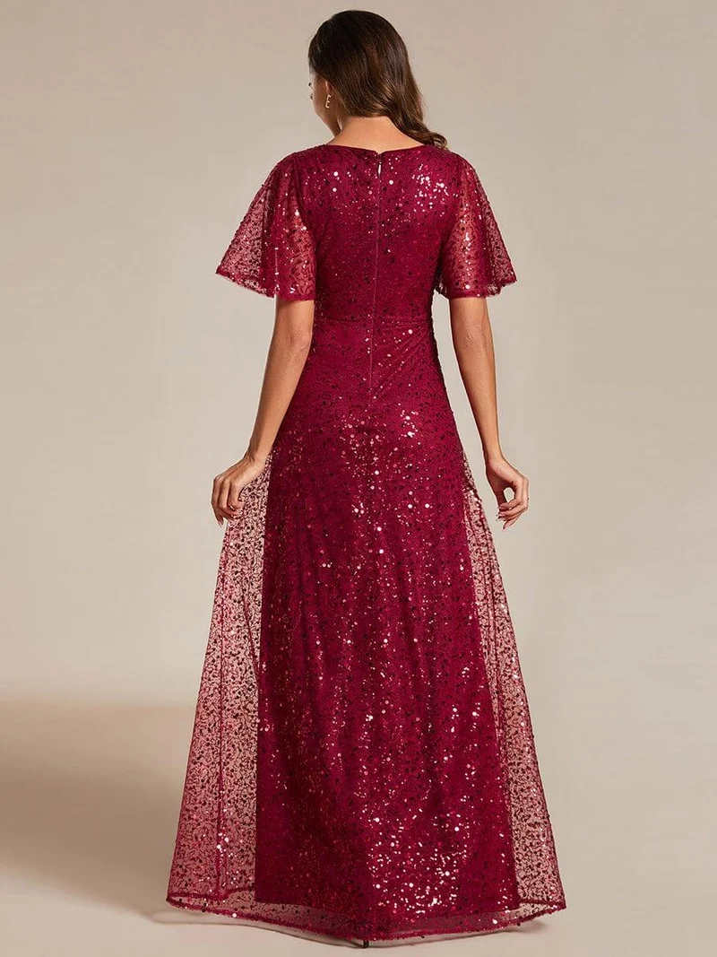 ever ARIA|Robes de soirée trapèze pailletées à col en V avec manches à volants