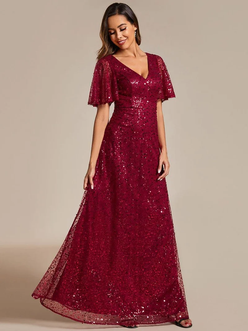 ever ARIA|Robes de soirée trapèze pailletées à col en V avec manches à volants