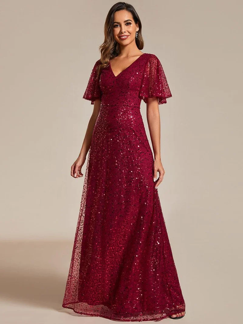 ever ARIA|Robes de soirée trapèze pailletées à col en V avec manches à volants