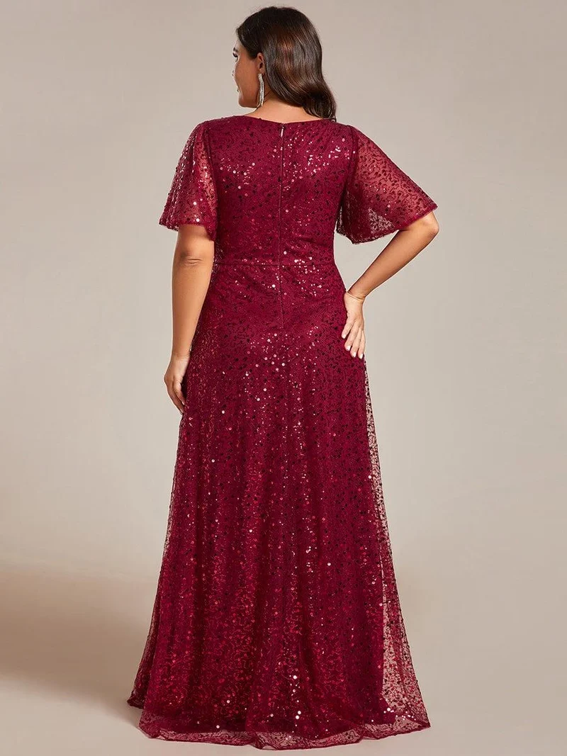 ever ARIA|Robes de soirée trapèze pailletées à col en V avec manches à volants